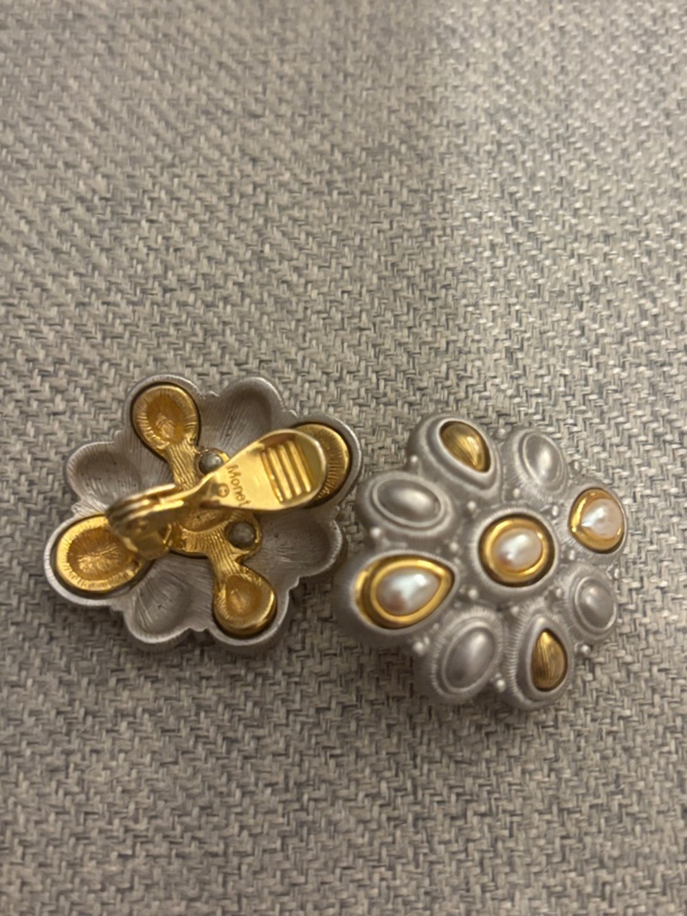 Monet Silver & Gold & Pearl  Floral Style Clip Earrings Vintage